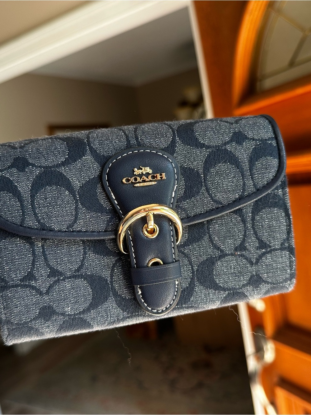 Coach Navy Signature Canvas Wallet with Gold Buckle Accent